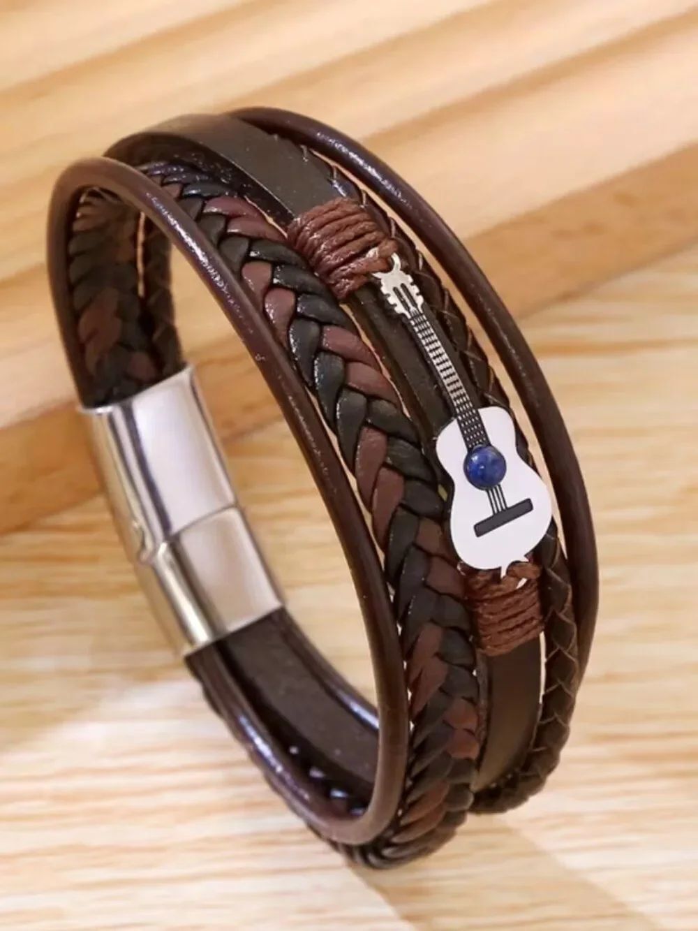 NWT Unisex Acoustic Guitar Bracelet Multi-Layered Vegan Leather Guitar Charm